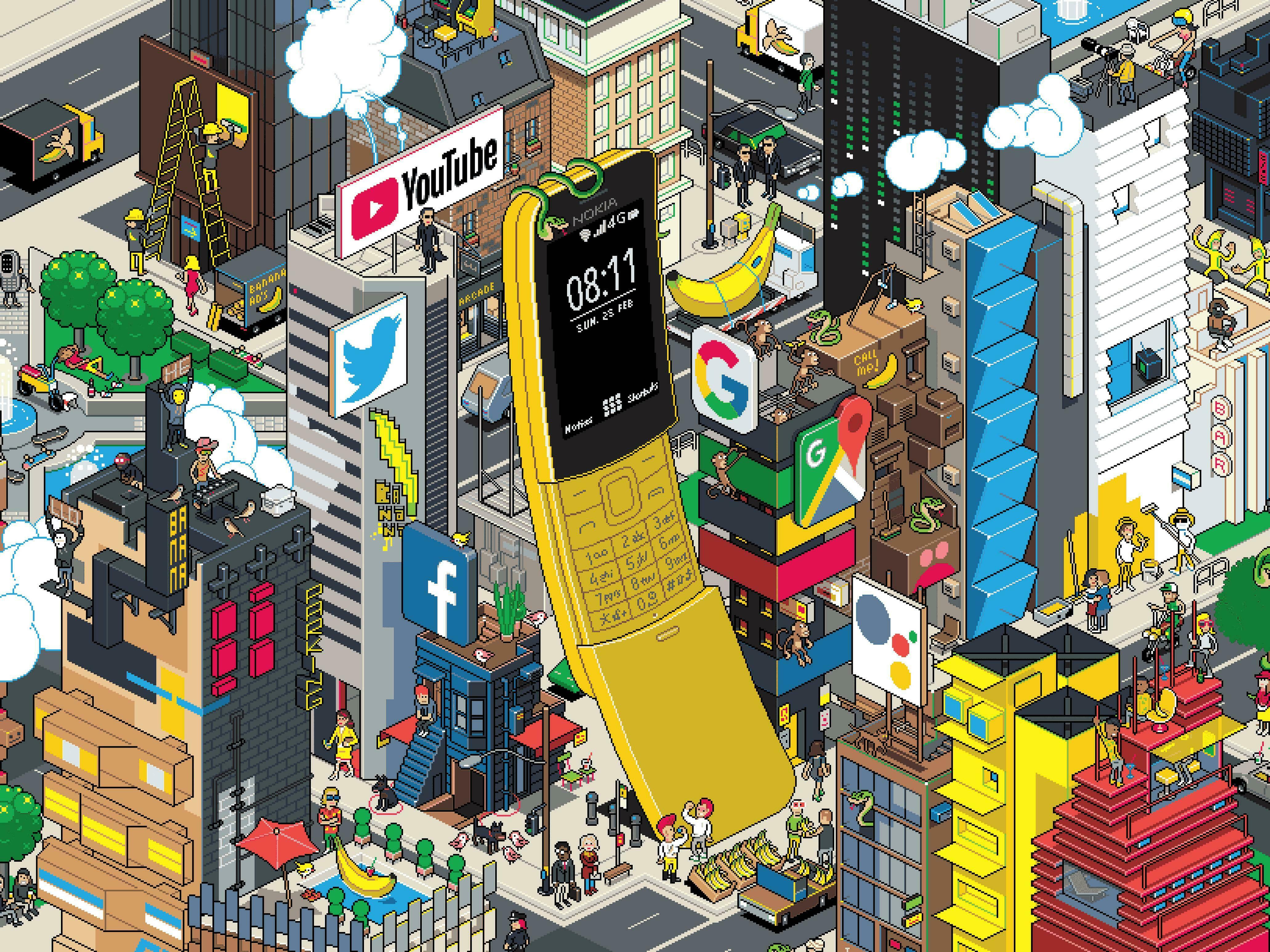 The yellow Nokia 8110 4G is standing upright at the center of a pixelated world. Around it are ad banners for the apps available on the phone. Texts on the upper left say: Nokia 8110, Reloaded For the originals, with Nokia logo at the bottom right